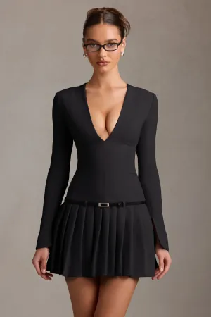 Stylish Wear Cutout Back Detailing Long-Sleeve Pleated Mini Dress in Black
