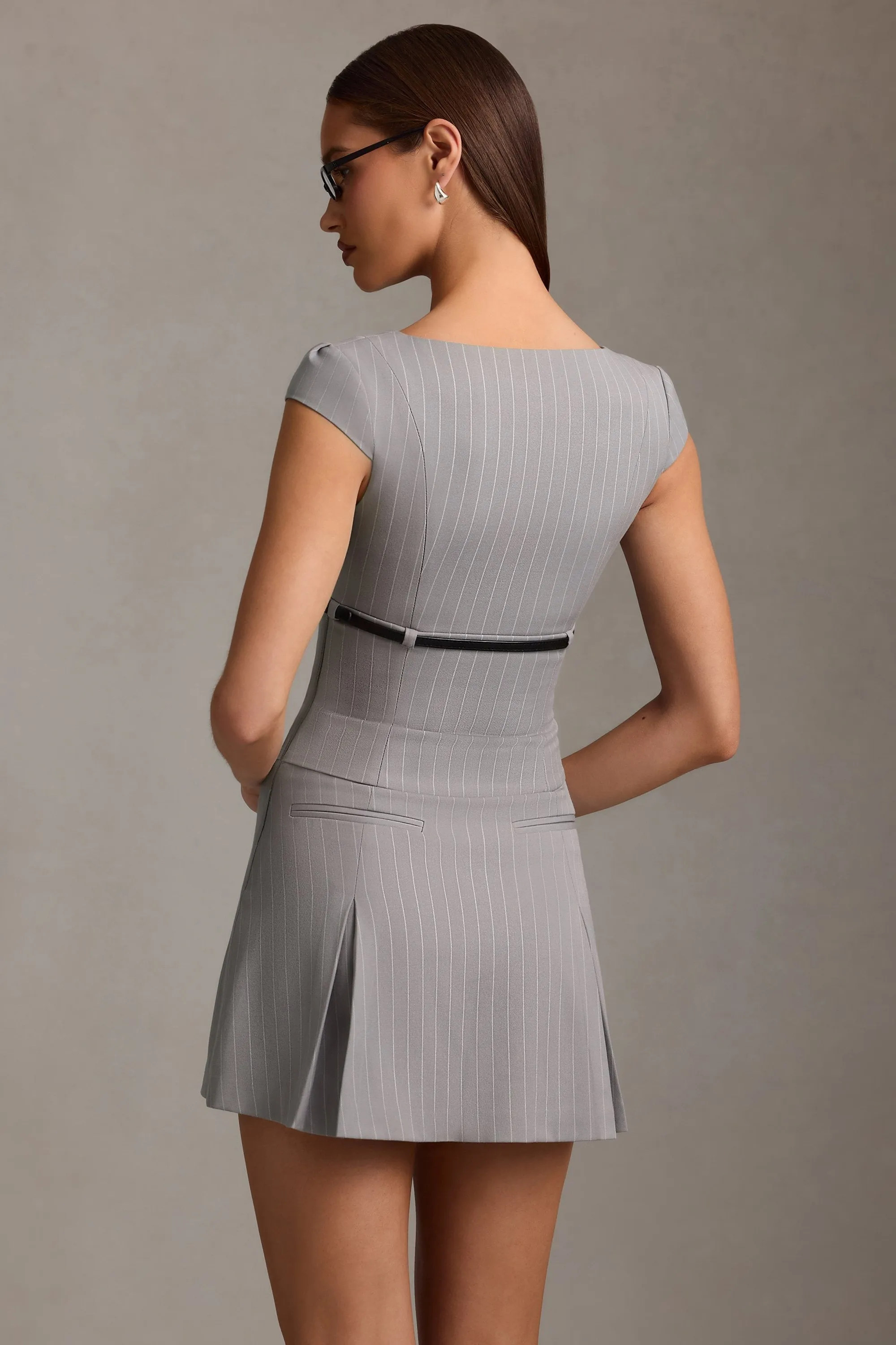 Scene Mode Light Star Pinstripe Pleated Waistcoat Mini Dress in Grey