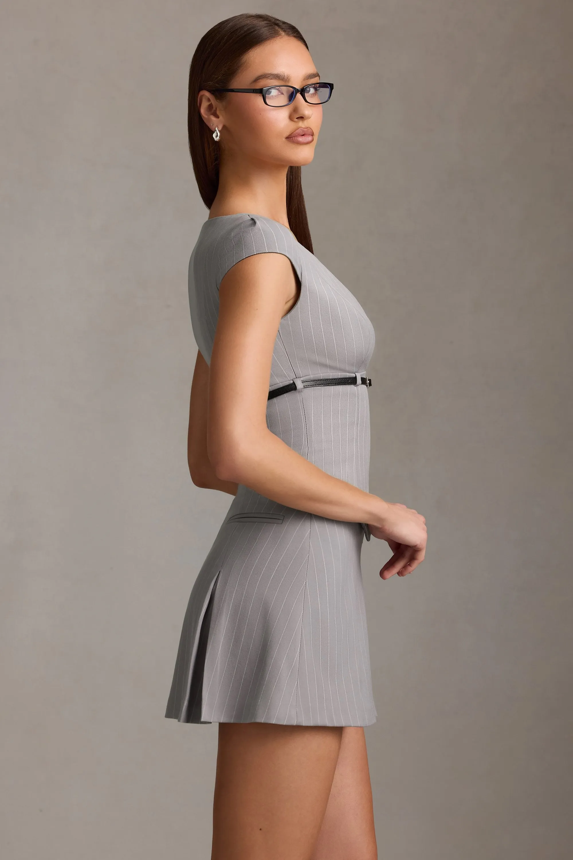Pinstripe Pleated Waistcoat Mini Dress in Grey Stretch Fit Design