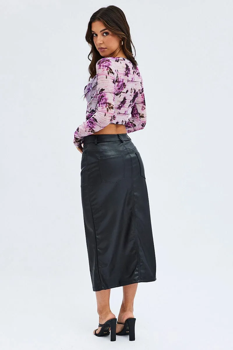 Timeless Trend Senior Style Black Maxi Skirt Slit PU