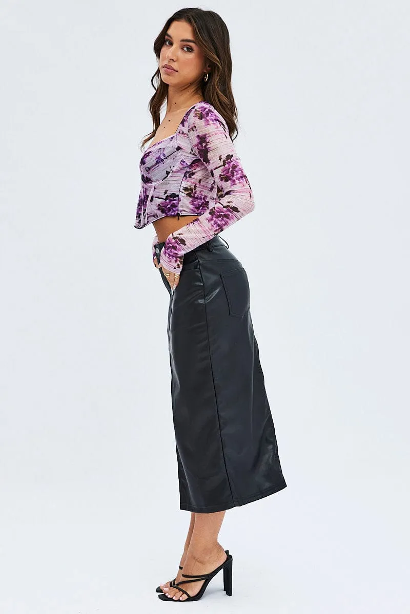 Earth Tones Black Maxi Skirt Slit PU