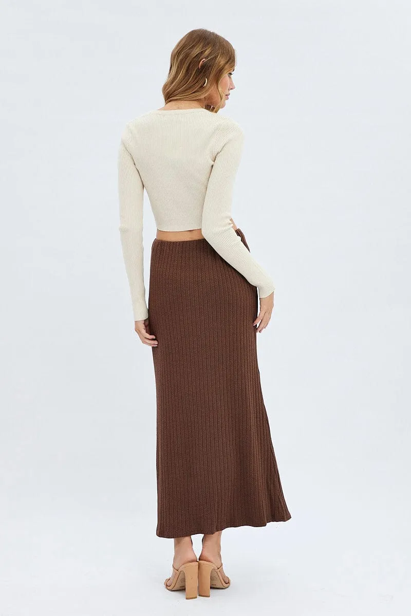 Front Slit Sleek Flow Brown Maxi Skirt Mid Rise A-line Rib Jersey
