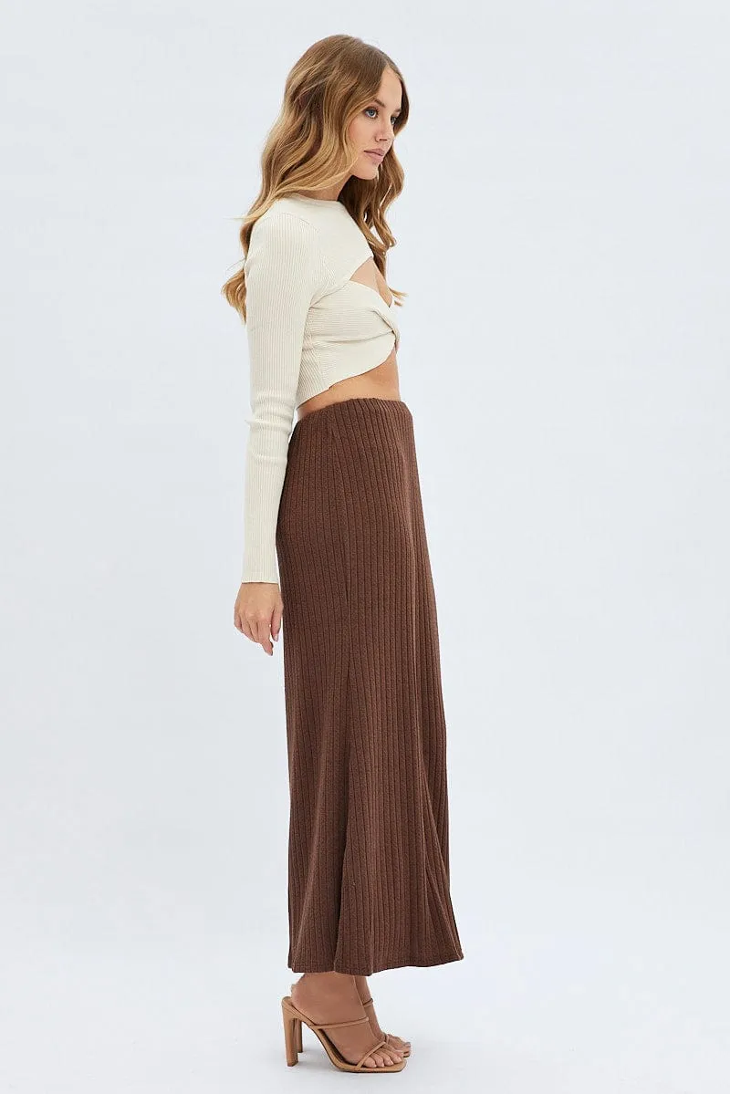 Brown Maxi Skirt Mid Rise A-line Rib Jersey Soft Outfit Vibrant Flow