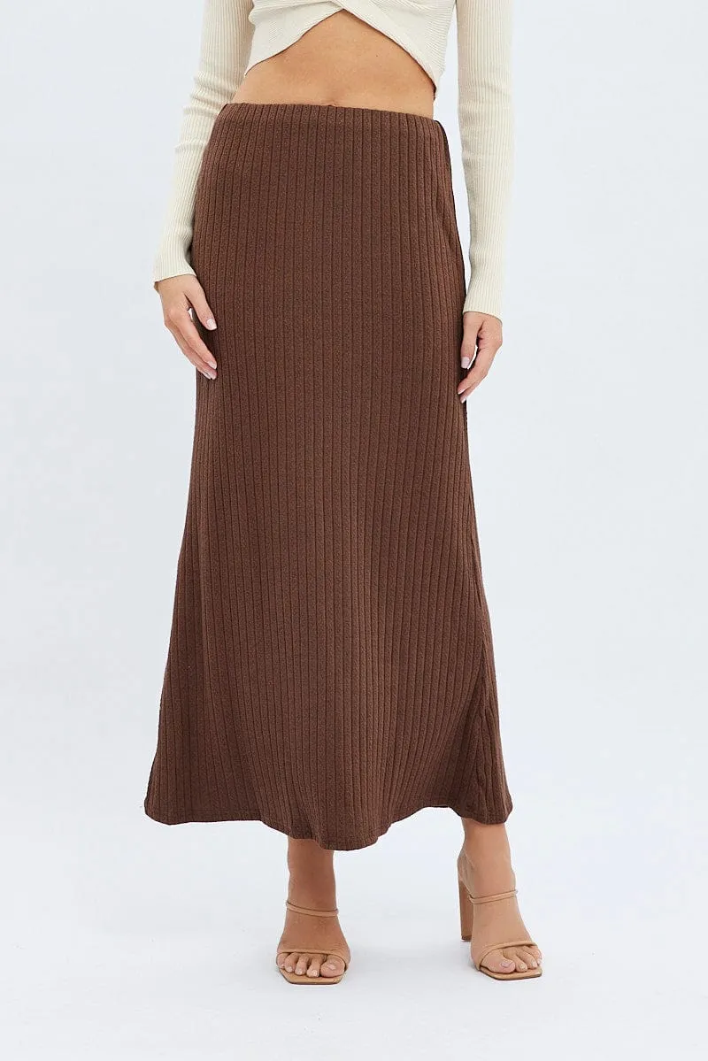 personalized option Brown Maxi Skirt Mid Rise A-line Rib Jersey