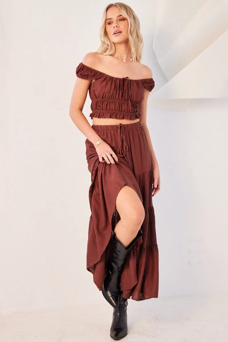 Brown Maxi Skirt Tiered Mid Rise high contrast