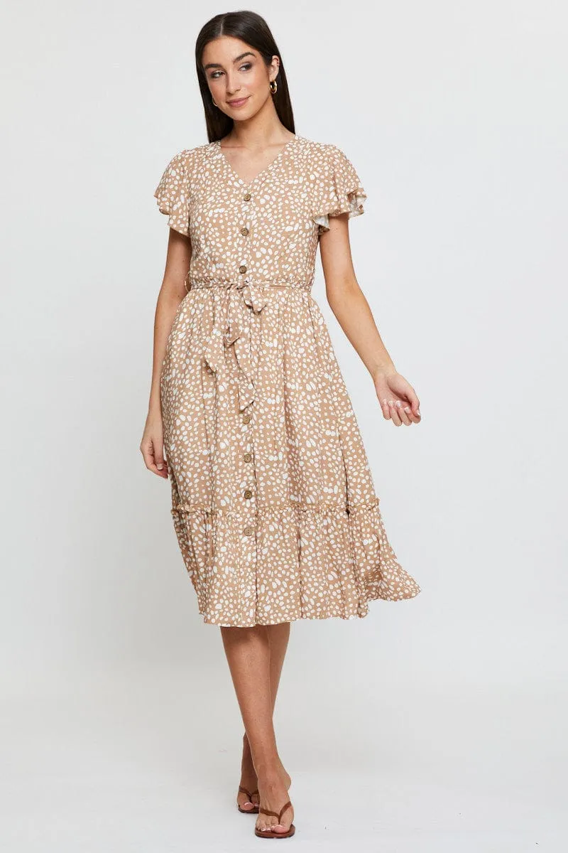 Geo Print Midi Dress Short Sleeve Effortless Style Deep Shade