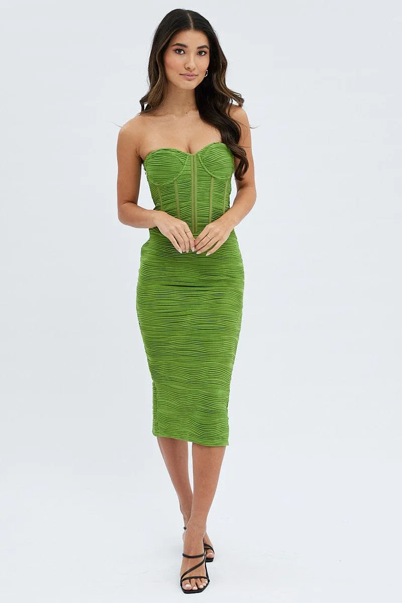 Retro Fan Stylish Casual Green Textured Corset Bodycon Midi Dress