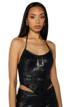 transportation purpose TIFFANY FAUX LEATHER HALTER NECK CORSET TOP