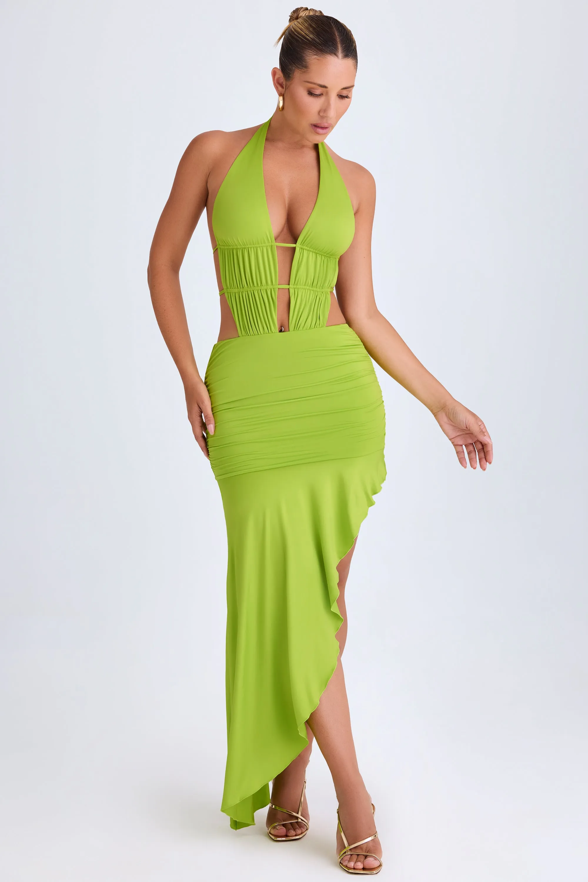 Asymmetric Cut-Out Halterneck Midaxi Dress in Lime Green HypoallergenicYarn mesh ventilation