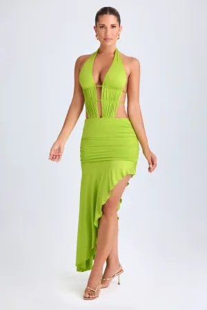 Asymmetric Cut-Out Halterneck Midaxi Dress in Lime Green Easy Cool