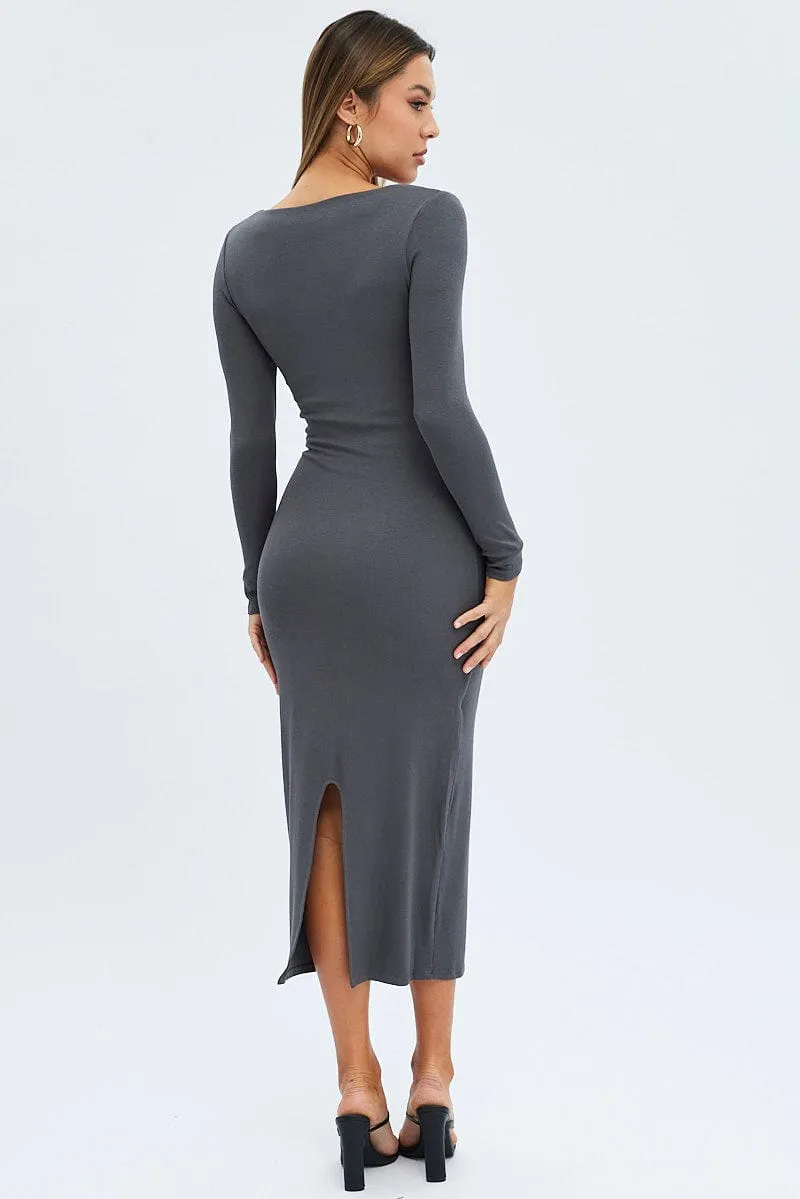 Field Glow Grey Midi Dress Long Sleeve Bodycon Ribbed