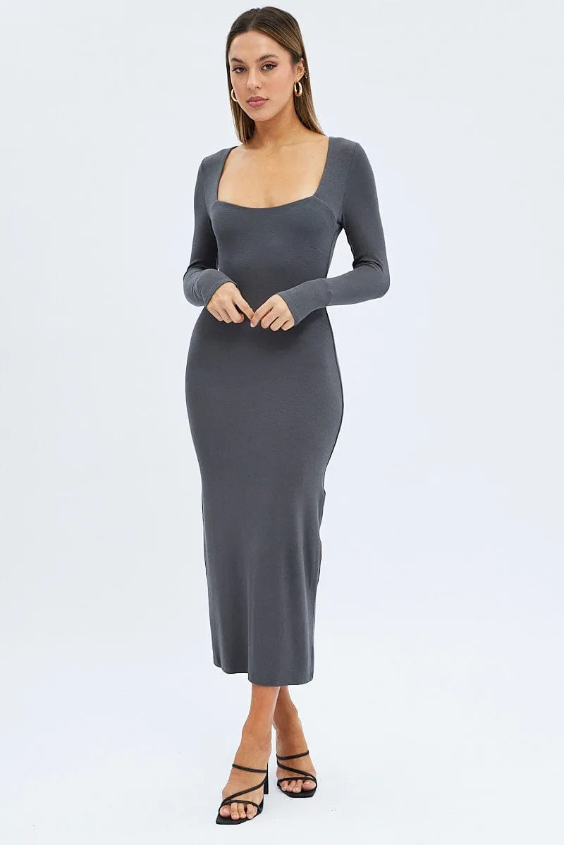 Grey Midi Dress Long Sleeve Bodycon Ribbed Mesh Breeze