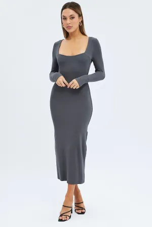 Grey Midi Dress Long Sleeve Bodycon Ribbed Mesh Breeze