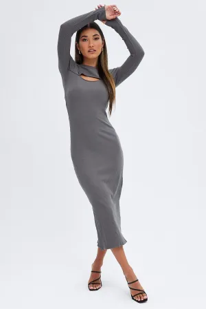 Casual yet dressy midi Fashion Must-Have Grey Midi Dress Long Sleeve Mock Neck Cut Out Bodycon