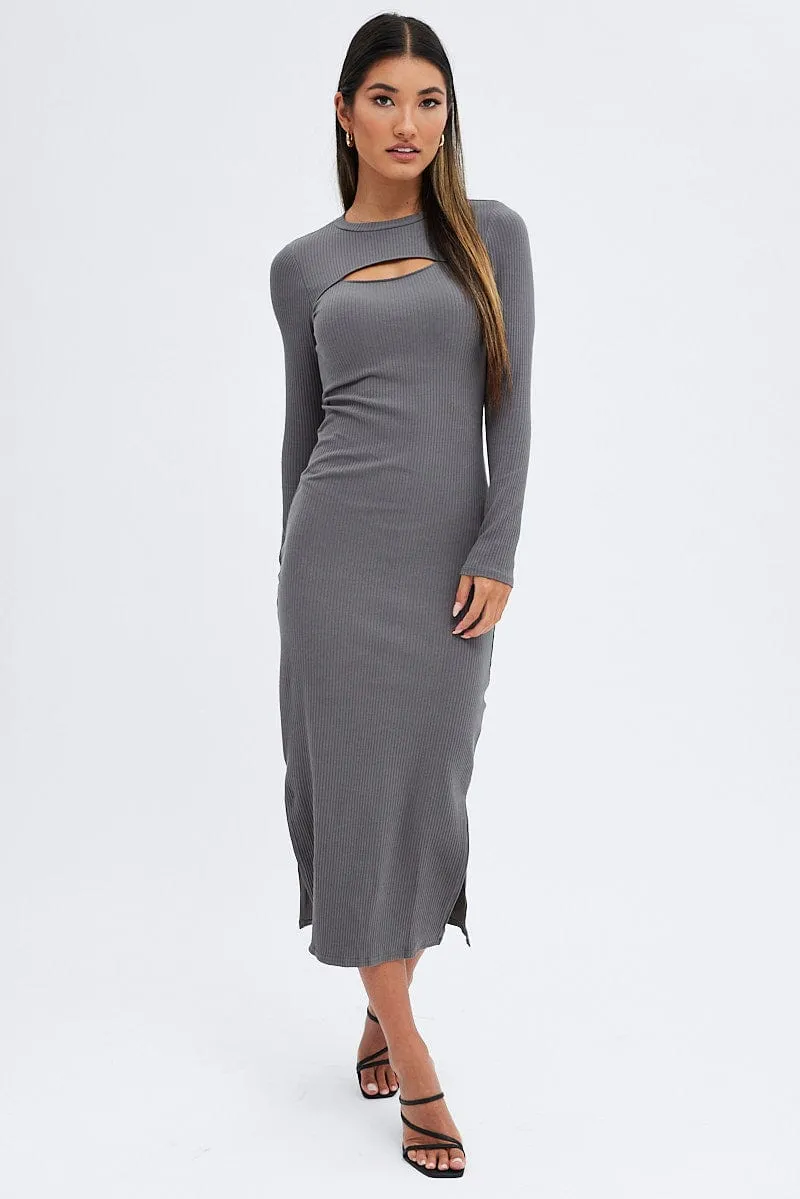 Japanese Neat Art Space Grey Midi Dress Long Sleeve Mock Neck Cut Out Bodycon