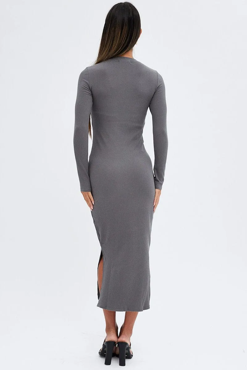 Friend Wedding Stylish Casual Grey Midi Dress Long Sleeve Mock Neck Cut Out Bodycon