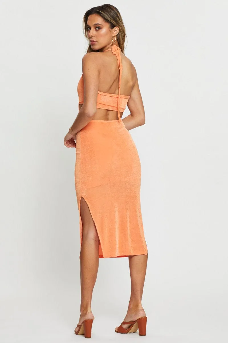 Orange Midi Dress Halter Neck Casual Fashion Smart and Stylish