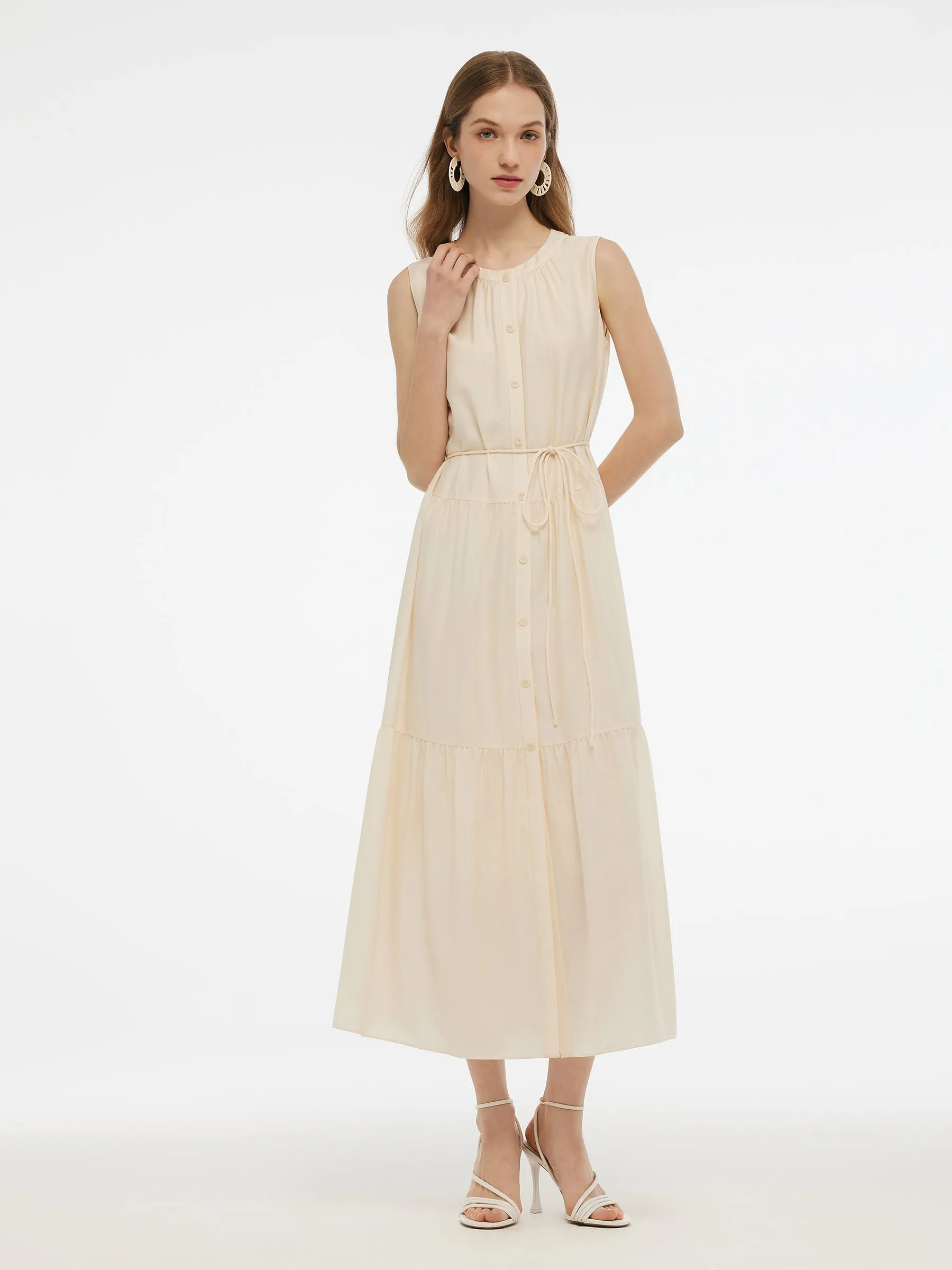 Acetate Blend Loose Fit Women A-Line Maxi Vest Dress With Belt AntiOdor Fabric Focus Fit