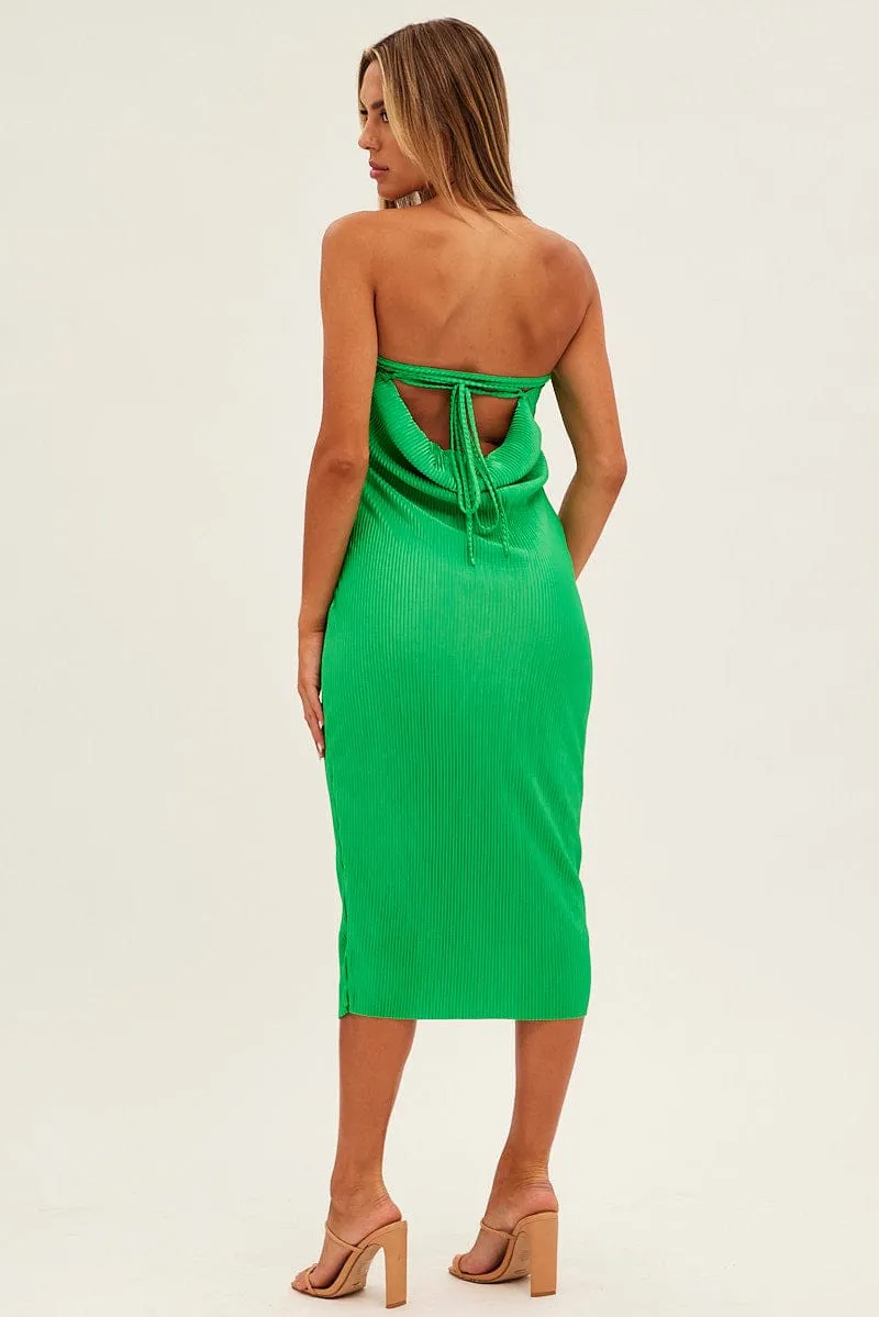 Green Midi Dress Bandeau Plisse Stone Touch