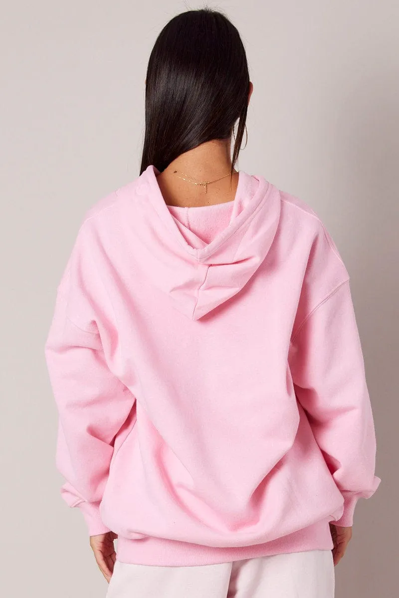 Pink Graphic Hoodie Sweater Long Sleeve watch accents Cold Protection