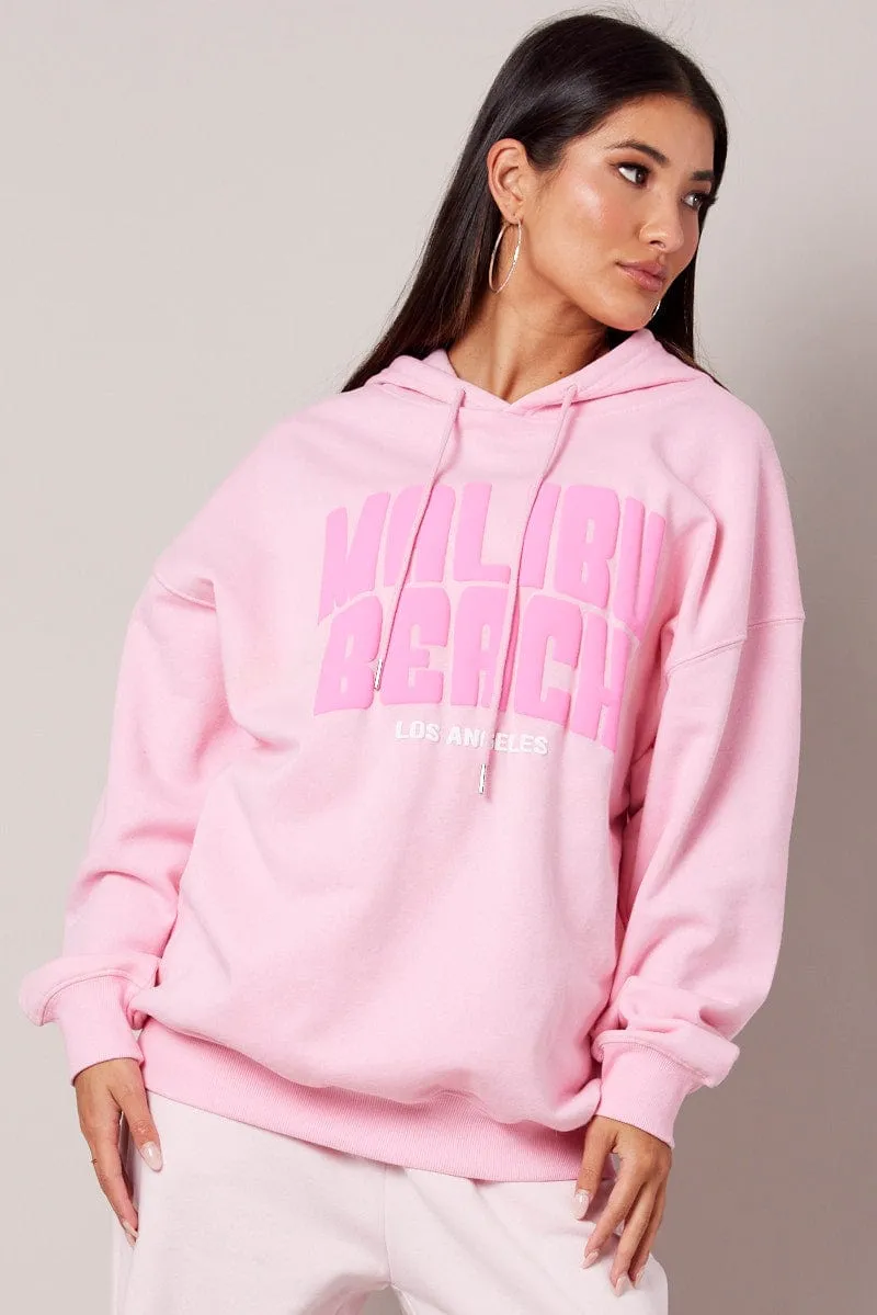 Pink Graphic Hoodie Sweater Long Sleeve Trendy Colors