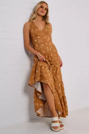 Brown Abstract Maxi Skirt Tiered Gathered waist