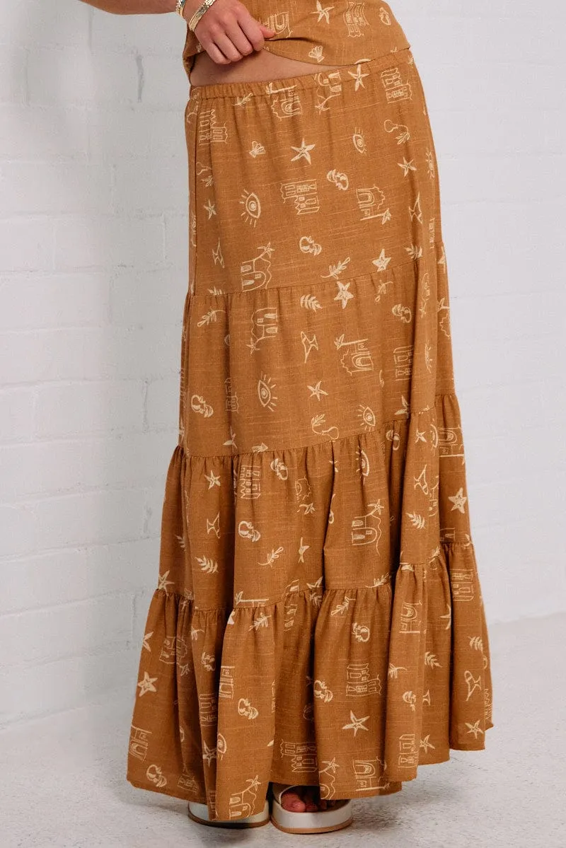 Ruching Details Non Slip Waist Brown Abstract Maxi Skirt Tiered
