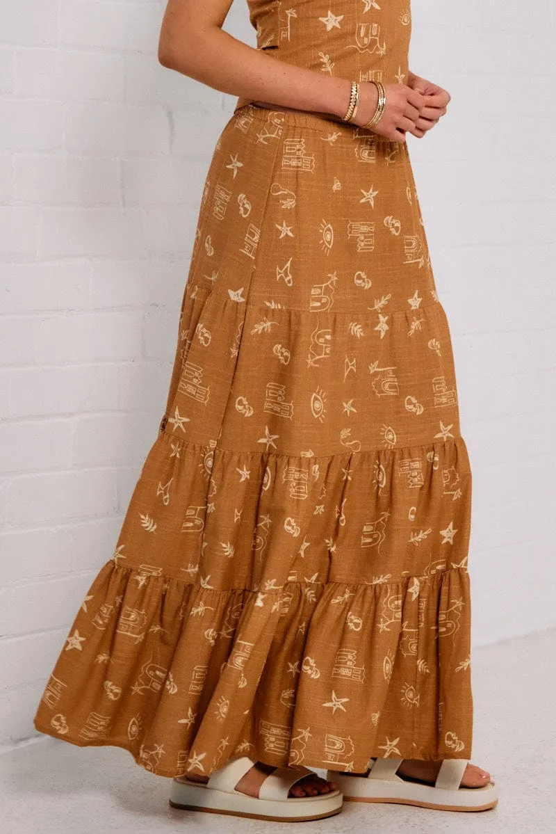 Brown Abstract Maxi Skirt Tiered Travel Ready Foldable Packability