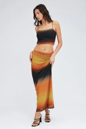 Brown Abstract Maxi Skirt Pencil High Rise Mesh Embossed Detail Drawstring closure