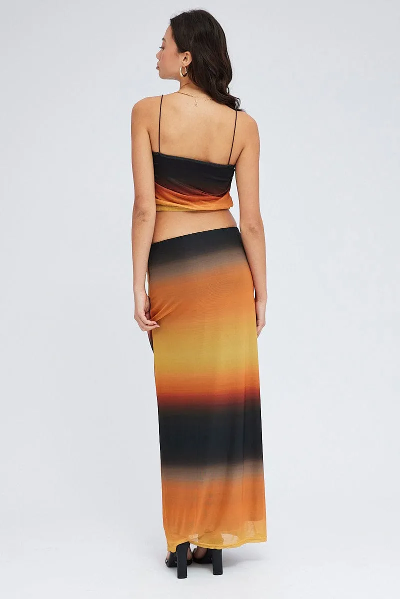 Neutrals Only Brown Abstract Maxi Skirt Pencil High Rise Mesh