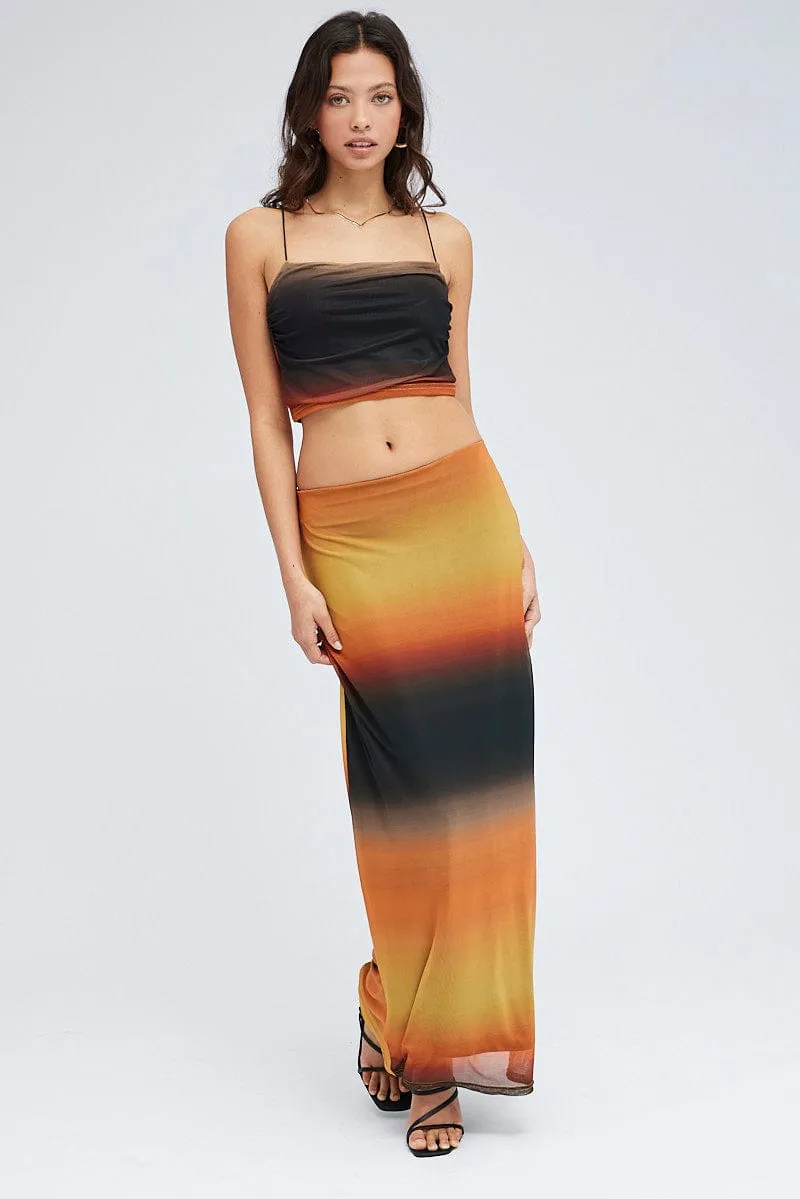 Classic Look Soft Palette Brown Abstract Maxi Skirt Pencil High Rise Mesh