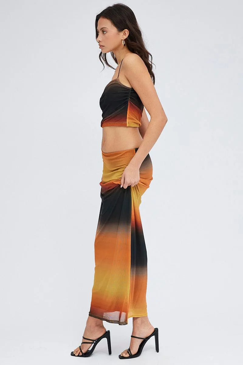 Light Wear Chill Mood Brown Abstract Maxi Skirt Pencil High Rise Mesh