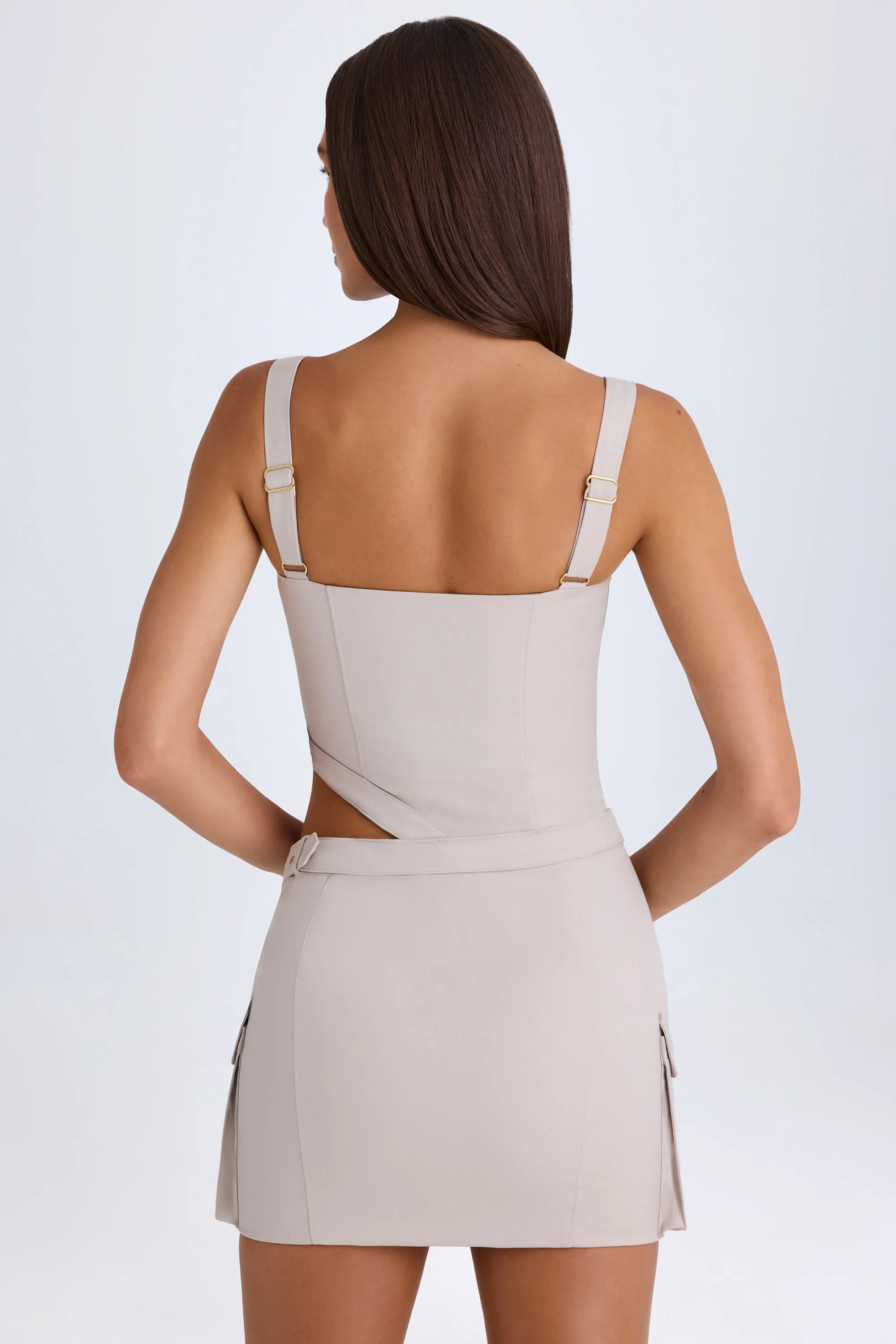 Belted Cut-Out Mini Dress in Taupe Birthday Bash Scene Glow