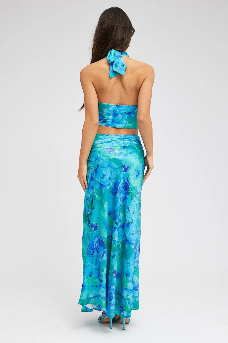 Sporty Casual Blue Floral Maxi Skirt Satin Low Rise Draw String