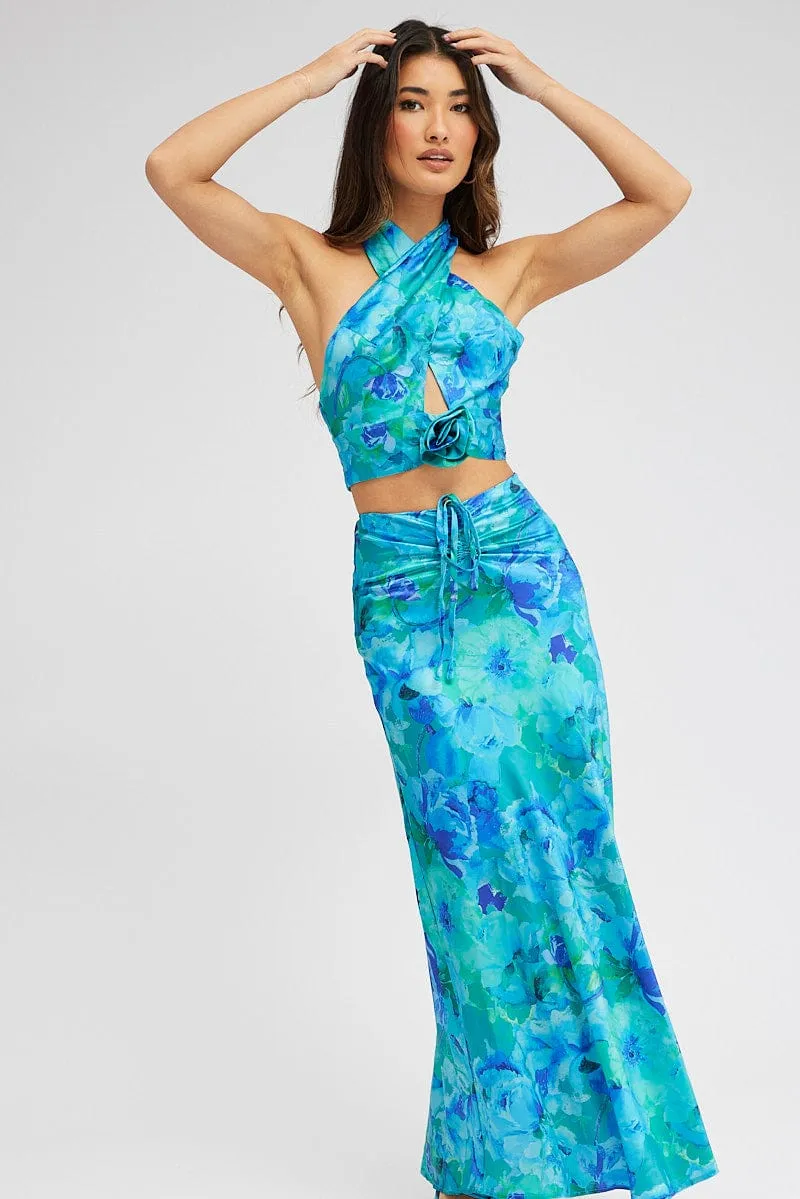 Mood Outfitboard Soft Touch Blue Floral Maxi Skirt Satin Low Rise Draw String