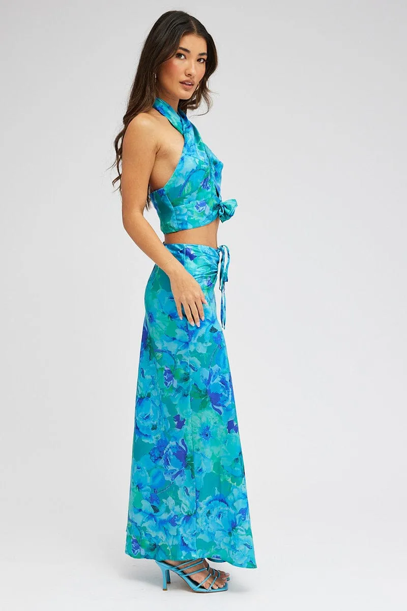 Blue Floral Maxi Skirt Satin Low Rise Draw String Chafe Resistant Casual Style