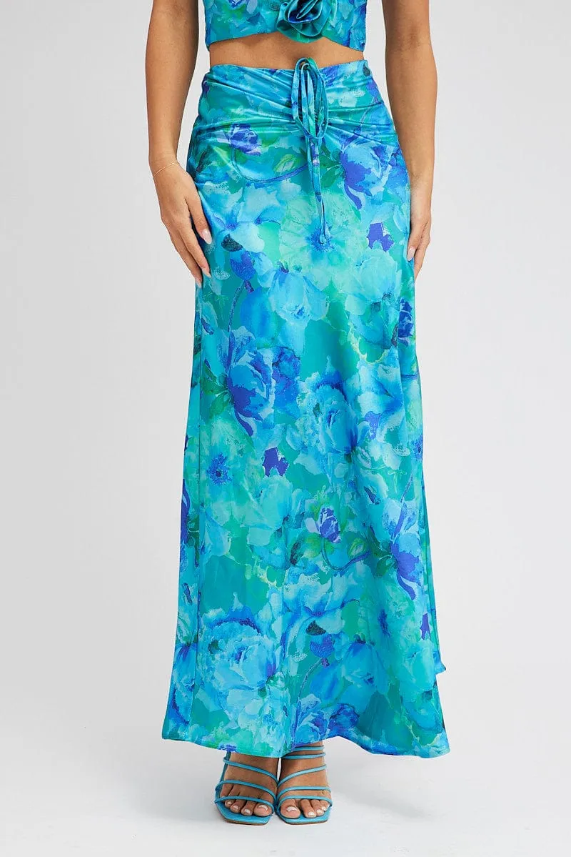 Blue Floral Maxi Skirt Satin Low Rise Draw String Cruise Attire Minimal Style