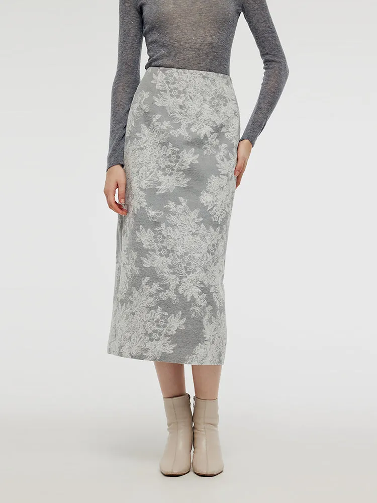 Silver Floral Jacquard Women Column Midi Skirt Urban Edge Bold Edge