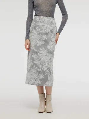 Soft Lining Silver Floral Jacquard Women Column Midi Skirt
