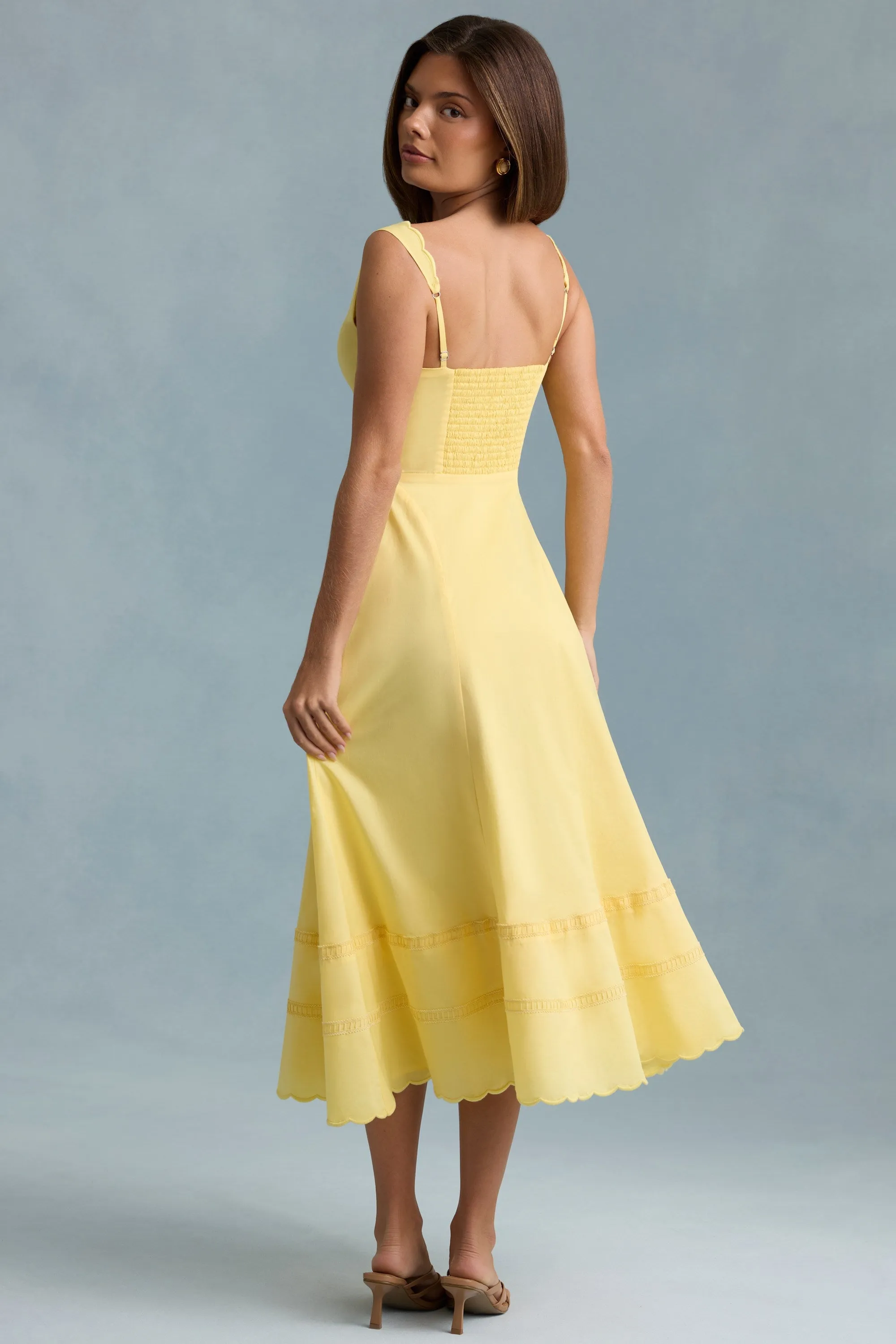 Breathable Material Luxury Mood Cotton-Poplin A-Line Midaxi Dress in Pastel Yellow