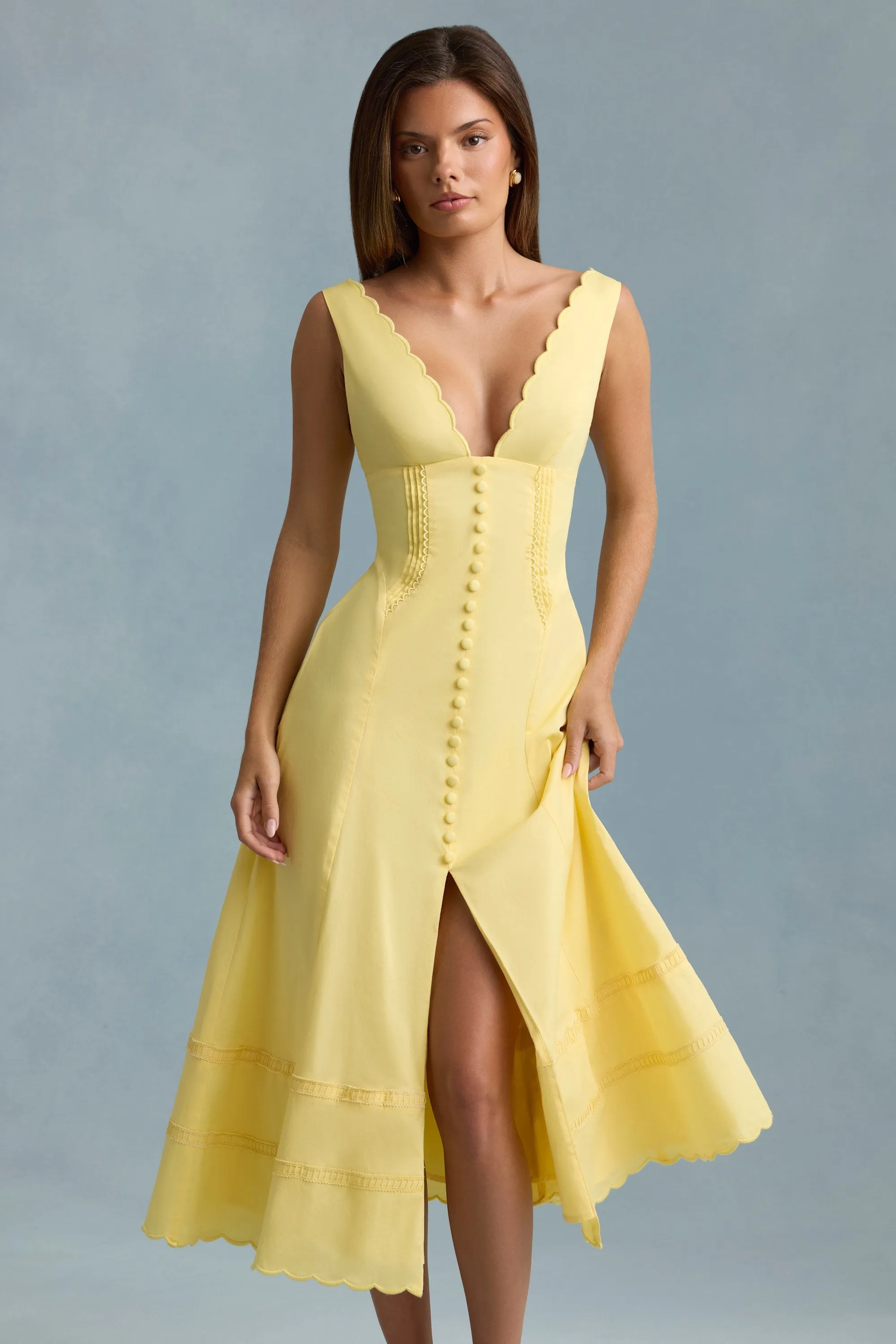 Cotton-Poplin A-Line Midaxi Dress in Pastel Yellow Weatherproof Outerwear