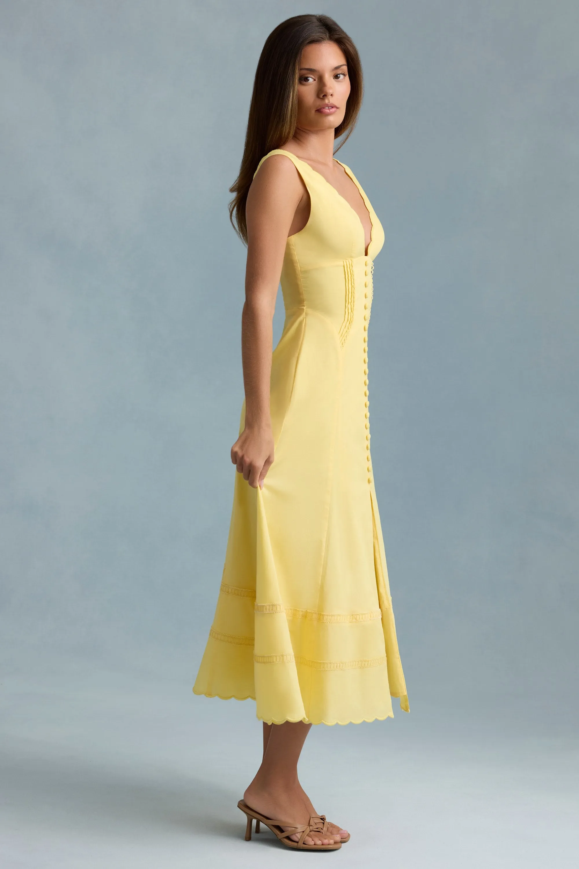 Cotton-Poplin A-Line Midaxi Dress in Pastel Yellow Durable materials Translucent Soul
