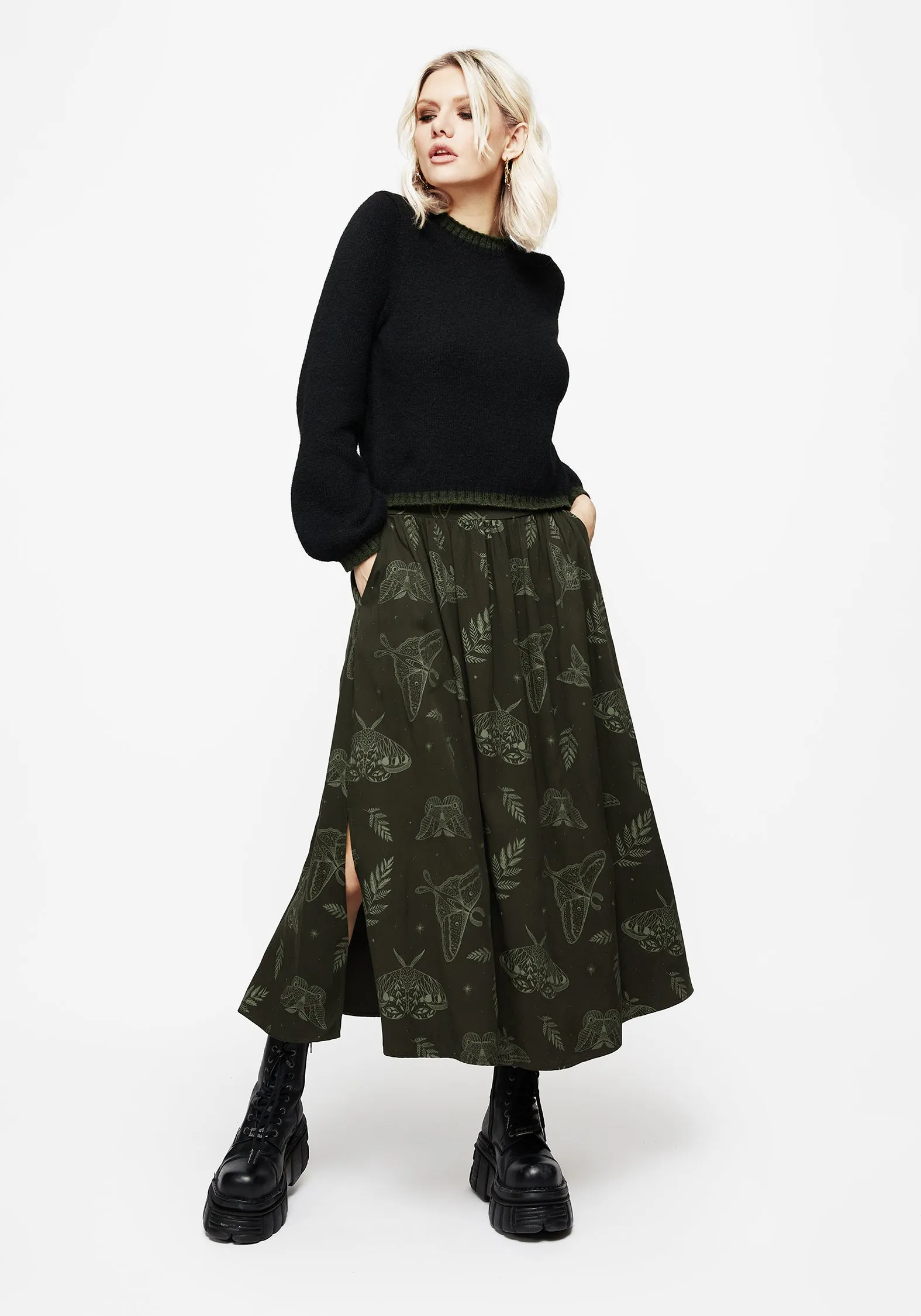 All Occasion Modern Details Callopistria Moth Print Midi Skirt - Green