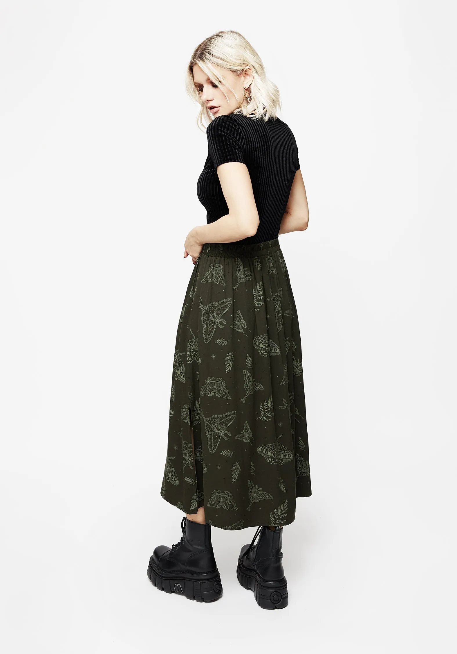 Statement Piece Callopistria Moth Print Midi Skirt - Green