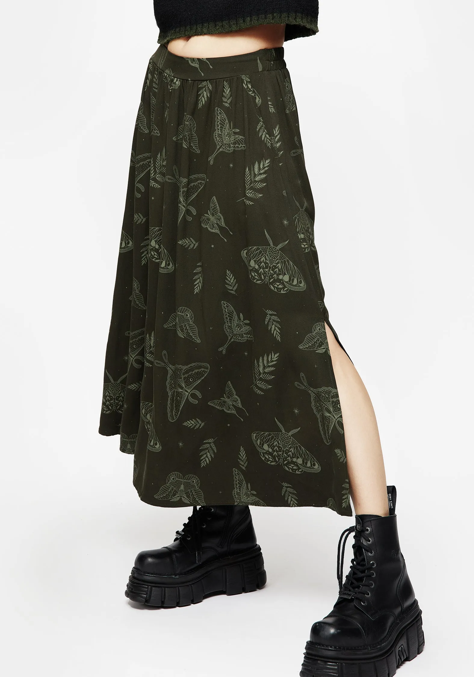 Vegan Material Outdoor Outfit Callopistria Moth Print Midi Skirt - Green