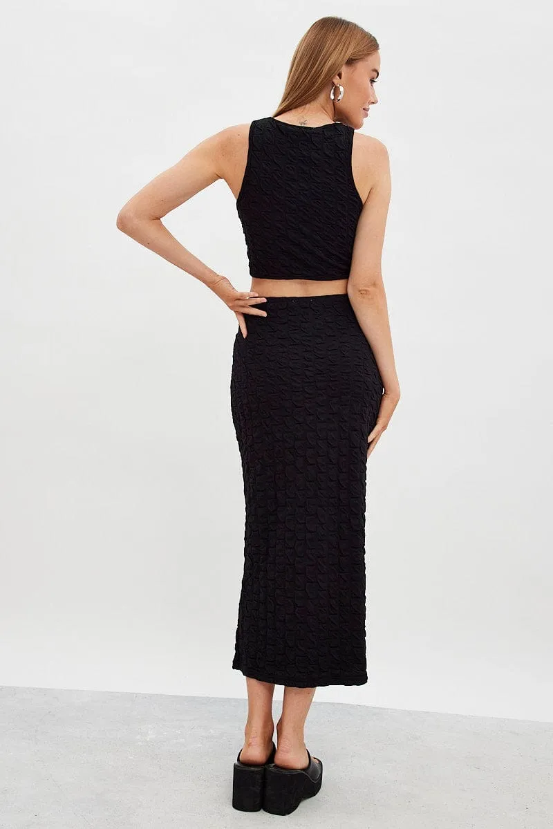 Elegant Look Easy Motion Black Maxi Skirt High Rise Bodycon Textured Jersey