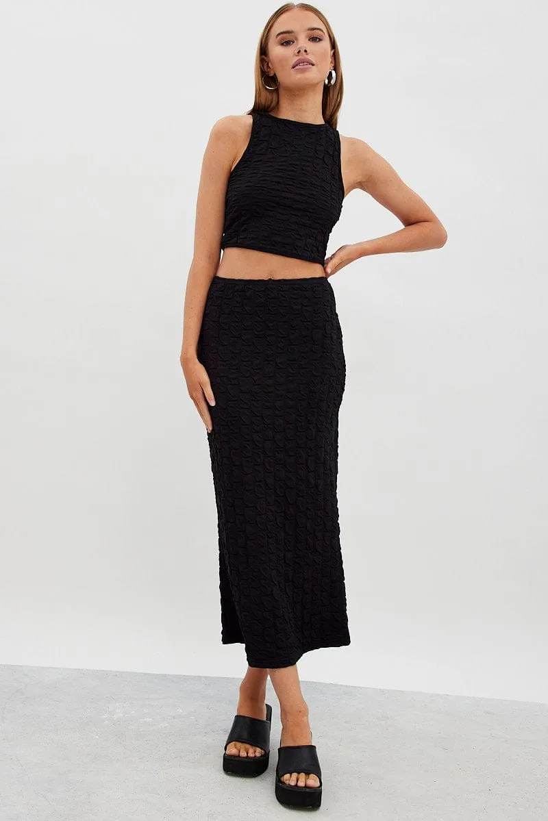 Black Maxi Skirt High Rise Bodycon Textured Jersey Matte Finish Influencer Style