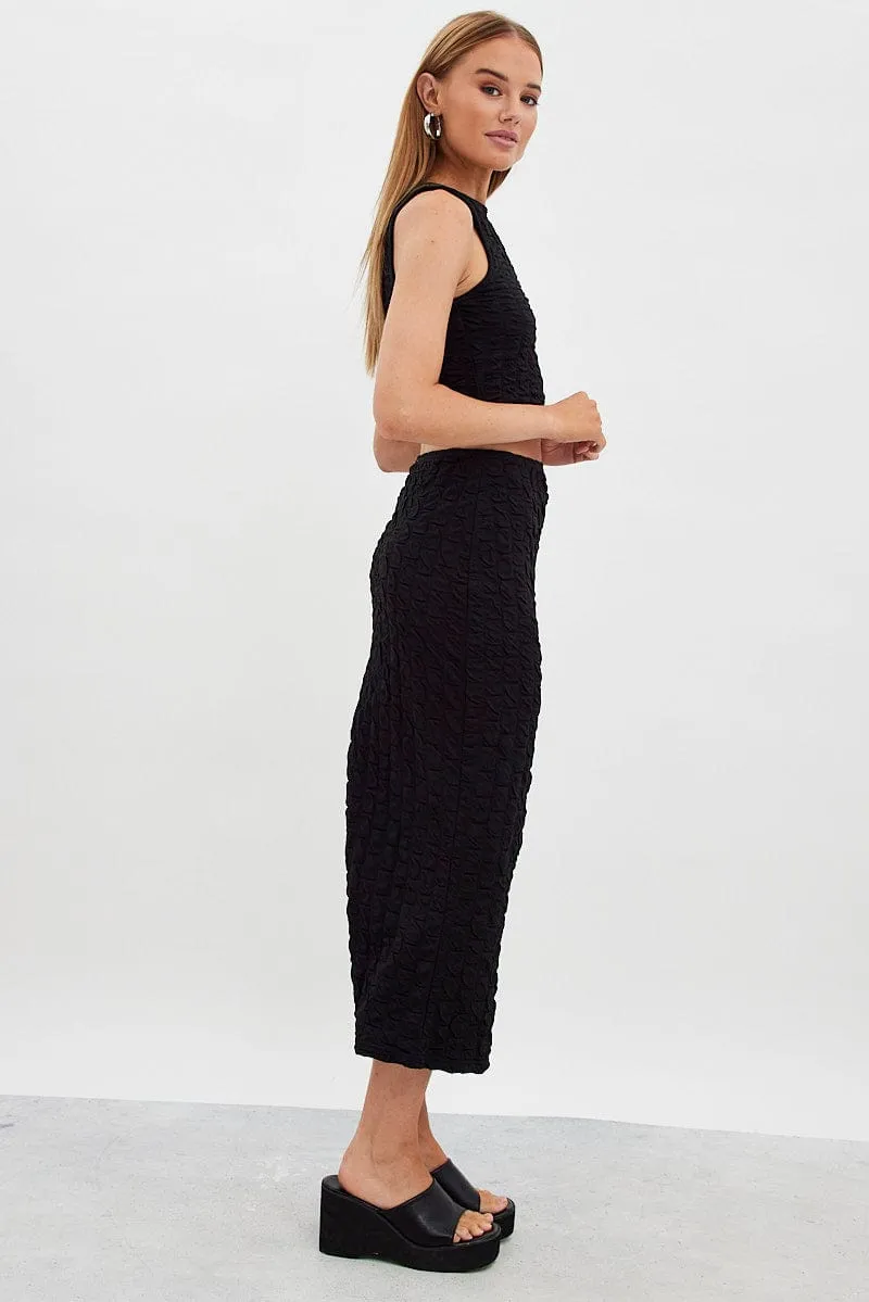 Black Maxi Skirt High Rise Bodycon Textured Jersey Subtle Mood Romantic Vibe