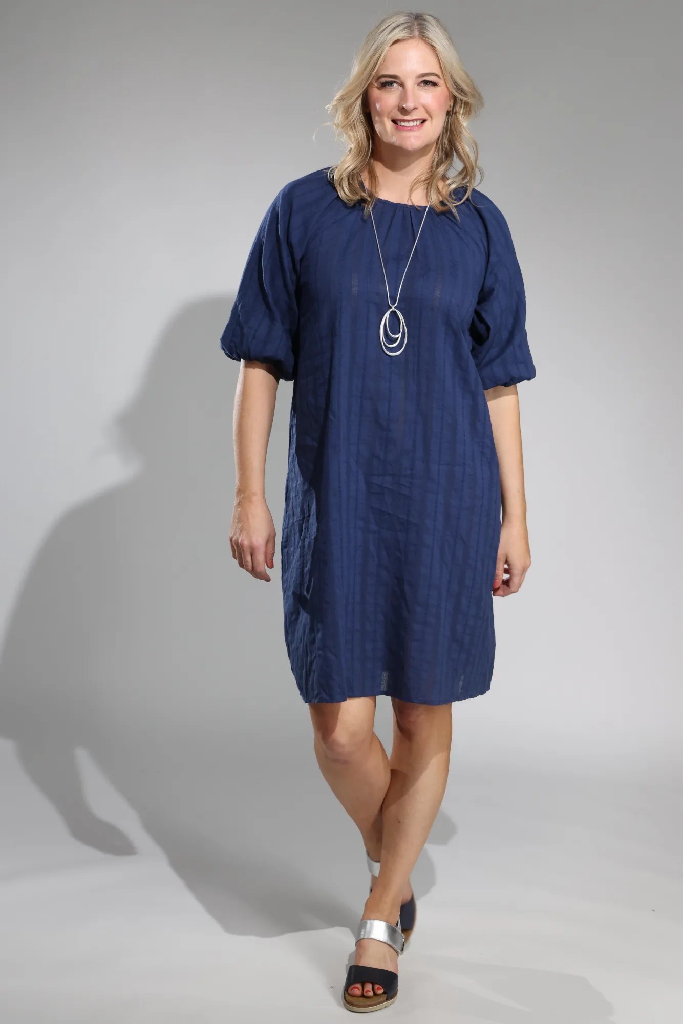 100% Cotton Floral Stripe Dress | NAVY | 6117A1 Kind Soul Stretch Fit
