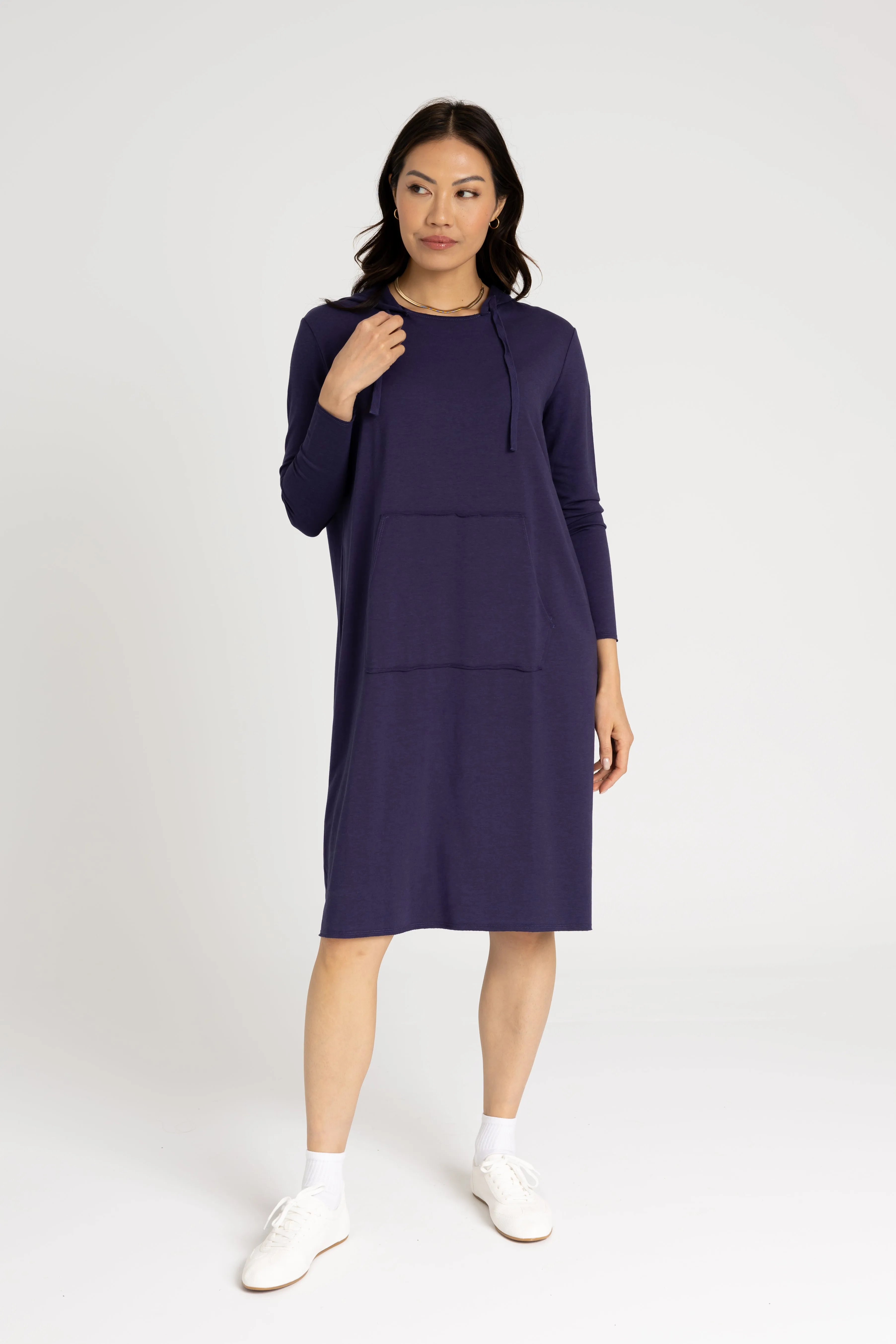 SustainableYarnBlend Professional Style Navy Drawstring Hoodie Dress